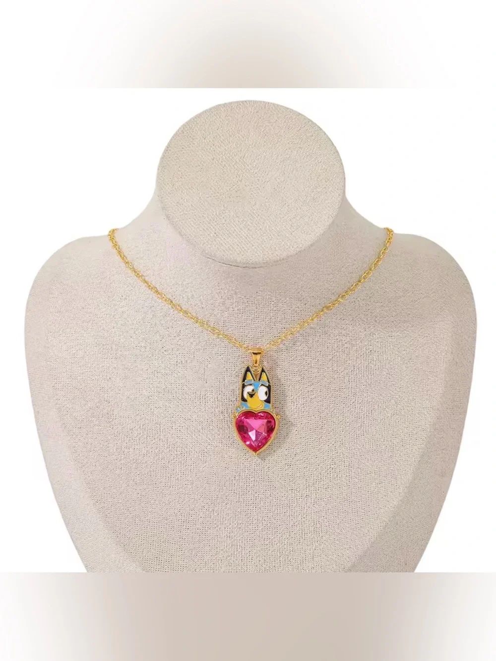 Bluey Holding Ruby Colored Heart Gold Tone Pendant Necklace Disney Character